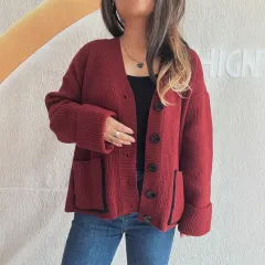 Casual Loose V-neck Solid Colour Pocket Street Style Cardigan Sweater - Wine Red - View 1
