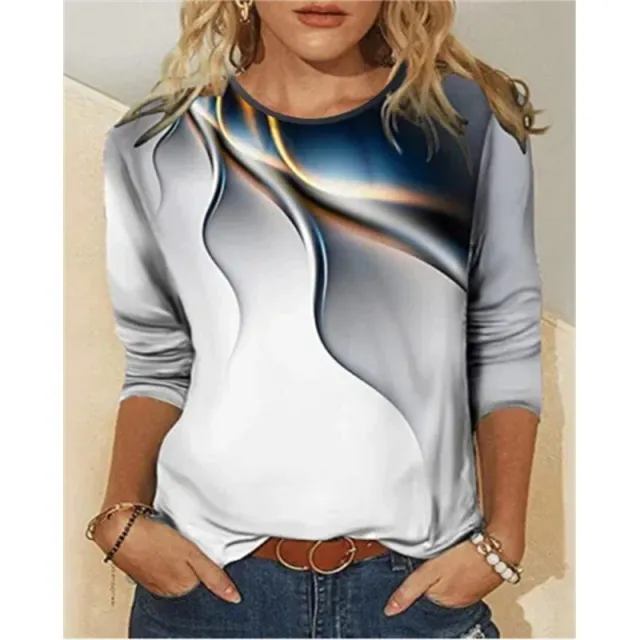 Women's Casual Gradient Printed Round Neck Long Sleeve T shirt Gradient Gray - Shop at LoveMi