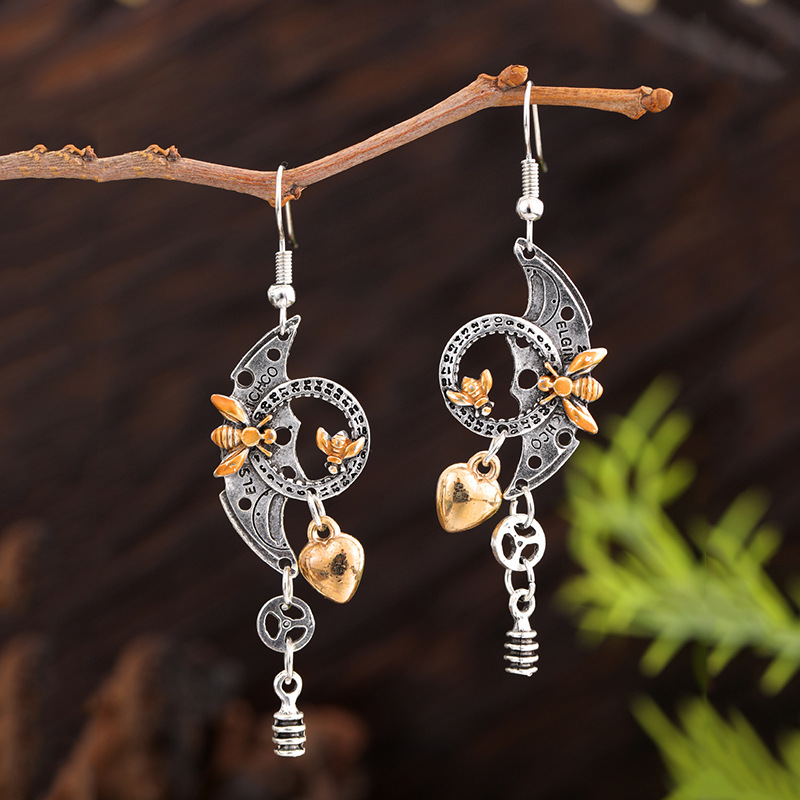 Geometric Crescent Golden Bee Personalized Eardrops Handmade Long
