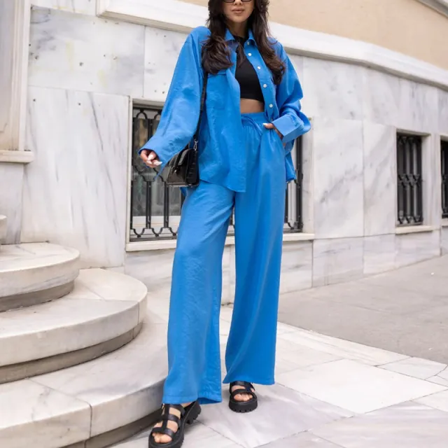 European And American Suit Pure Color Tied Trousers Comfort And Casual Two piece Set Blue - Shop at LoveMi