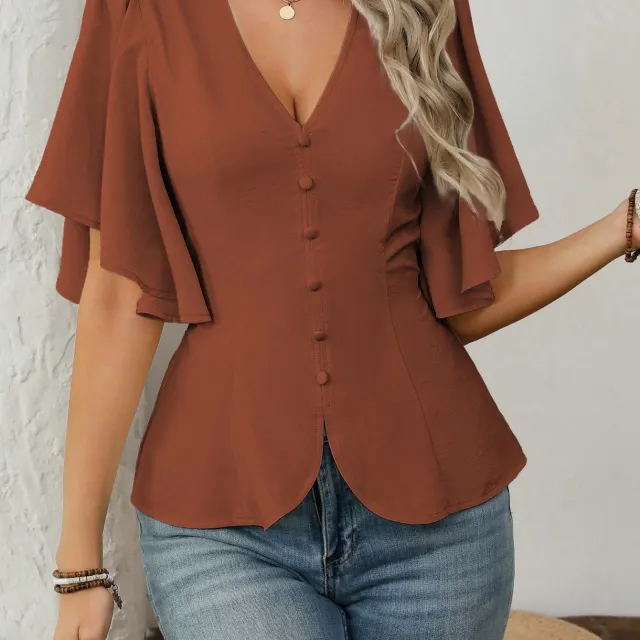 Womens Solid Color Short Sleeve V Neck Single Breasted Waist Cinching Top Brown - Shop at LoveMi