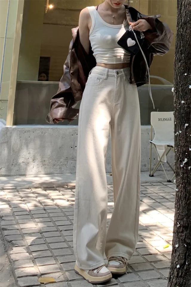 White Denim Trousers Straight Mop White - Shop at LoveMi