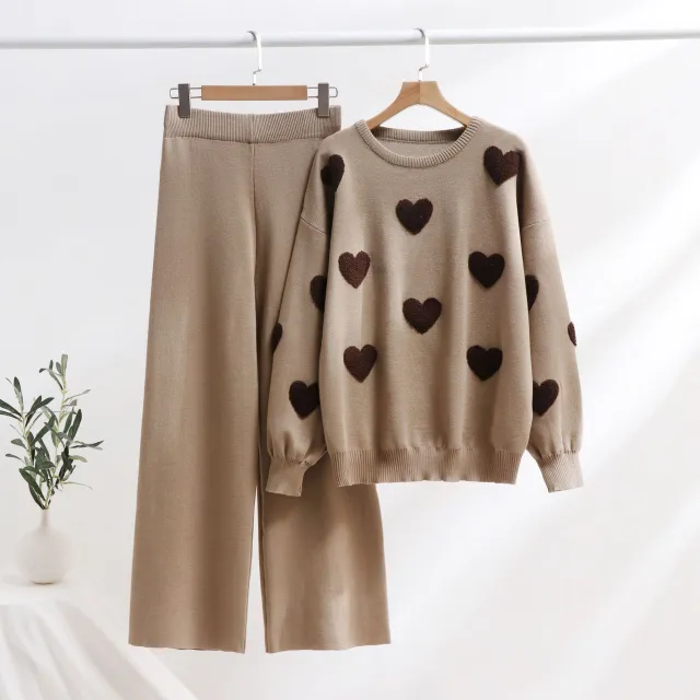 Heart Knitted Pants Outfit Top Two piece Set Brown - Shop at LoveMi
