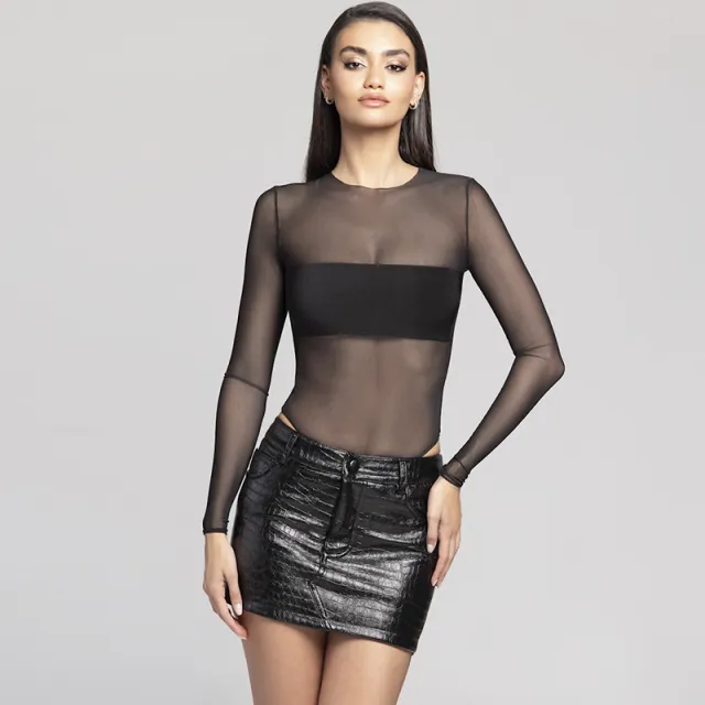 Fashion Mesh European And American Sexy Long Sleeve Mesh Slimming Patchwork Jumpsuit Black - Shop at LoveMi