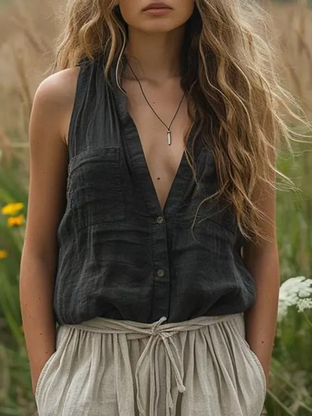 Women's Casual Loose Sleeveless Cotton Linen V neck Pocket Vest Shirt Black - Shop at LoveMi