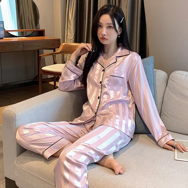 SpringAutumn Style Ice Silk Striped Jacquard Plus size Homewear Pink - Shop at LoveMi