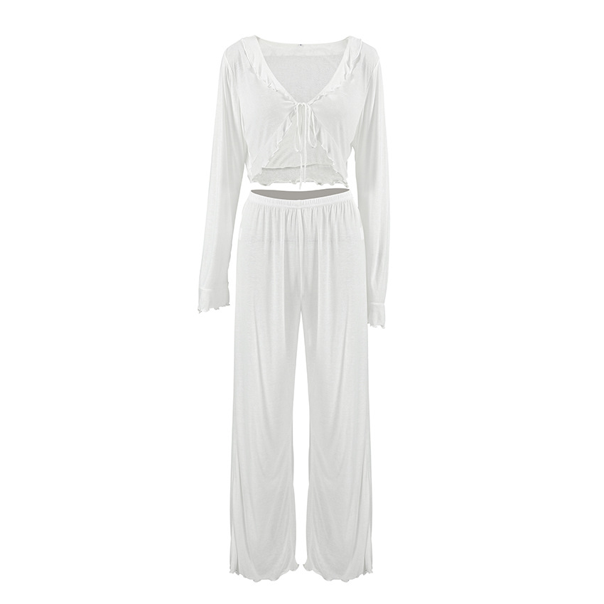 V-neck Knitted Tied Lotus Leaf Midriff-baring Top Trousers Suit