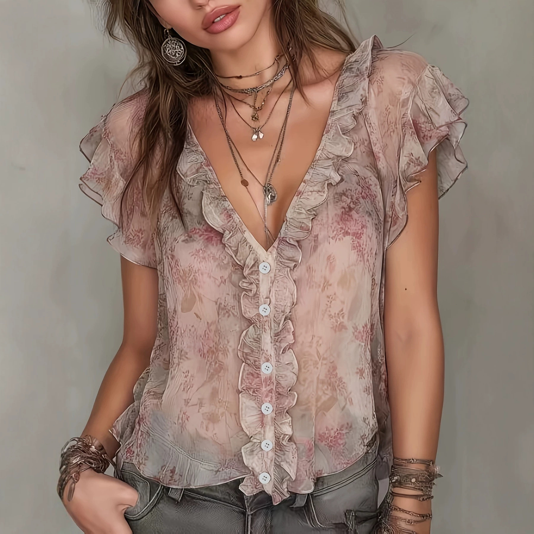 French-style V-neck Ruffled Short-sleeve Top