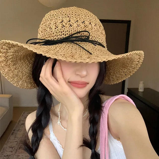 Straw Bow Chain Strap Straw Hat Female Hollow Crocheted Brown - Shop at LoveMi