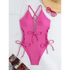 European And American Sexy Backless Siamese Bikini Swimsuit - Rose - View 1