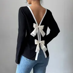 Women's Trendy Round Neck Two-Piece Illusionknit T-Shirt Full Sleeve Base Layer Top Crew Neck Design - Black - View 1