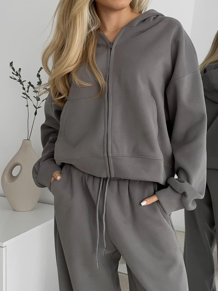 Zipper Hooded Sport Cardigan Lace-up Trousers Two-piece Casual Suit