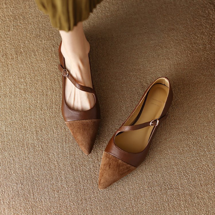 Womens Flat Shallow-Vamp Patchwork French-Style Retro Soft-Soled Shoes