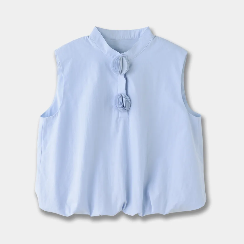 Women's Blue Cotton Blended Stand Collar Sleeveless Bud Vest - Top