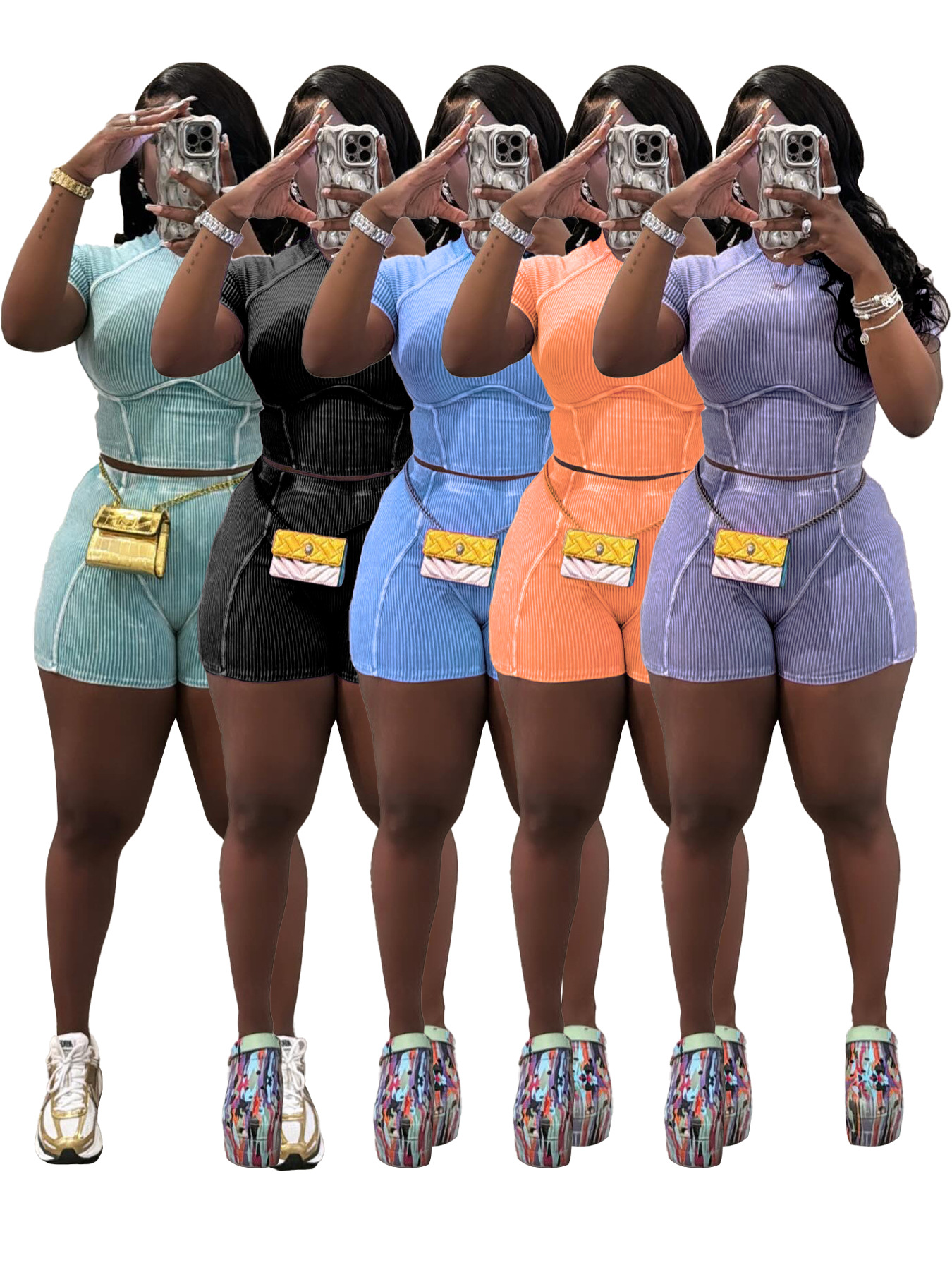 Thread Washed Faded Distressed Two-piece Shorts Suit