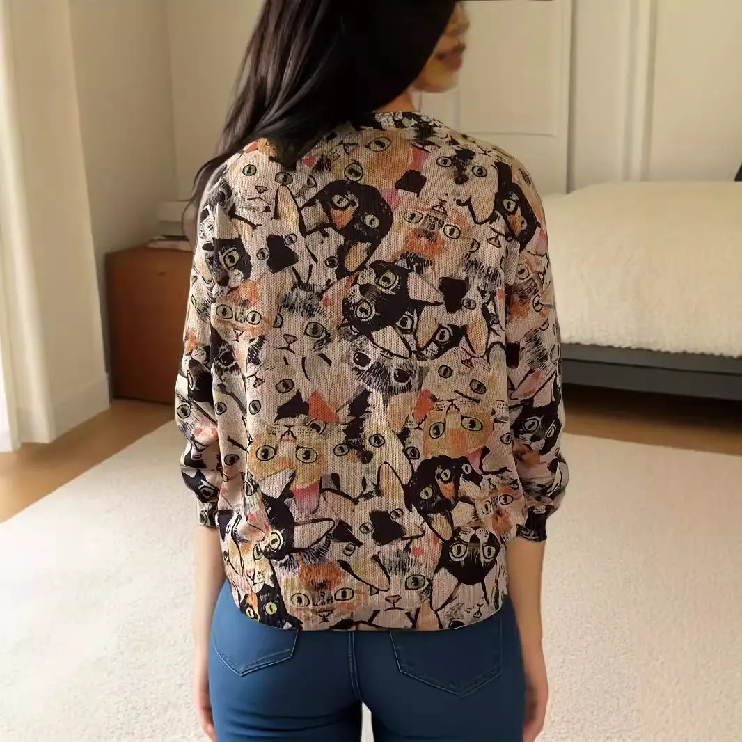 European And American Plus Size Autumn And Winter Cat Pattern Round Neck Loose Pullover Sweater Women