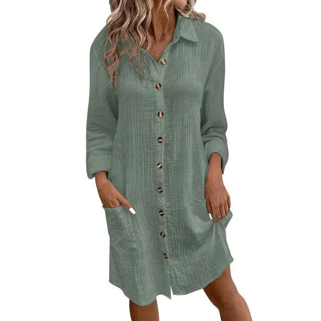 Linen Button down Mid length Long sleeve Shirt Casual Dress Green - Shop at LoveMi