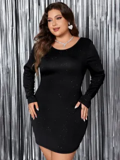 European And American Round Neck Plus Size Thin And Glittering Hip Skirt - Black - View 1