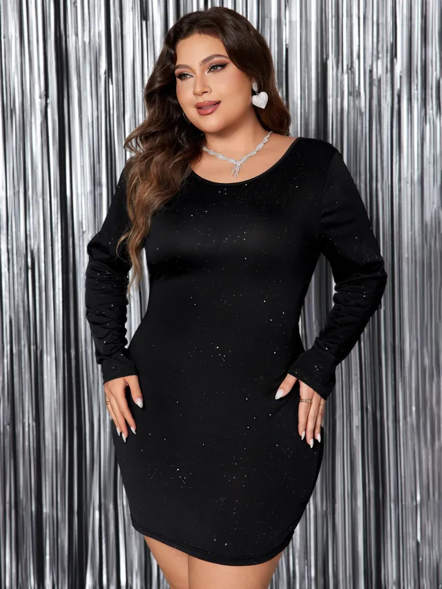 European And American Round Neck Plus Size Thin And Glittering Hip Skirt Black - Shop at LoveMi
