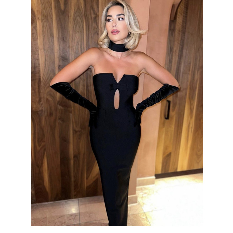 Fashionable Collar Hollow-out Tube Top Temperament Party Bandage Dress