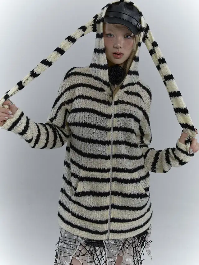 Autumn New Cute Rabbit Ear Hooded Striped Loose Casual Knitted Coat Black - Shop at LoveMi