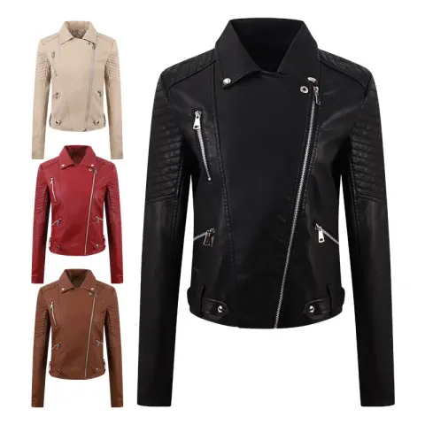 PU Women's Short Leather Oblique Pull Slim Motorcycle Clothing