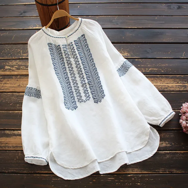 Ethnic Style Wheat Embroidery Long Sleeve Loose Top White - Shop at LoveMi