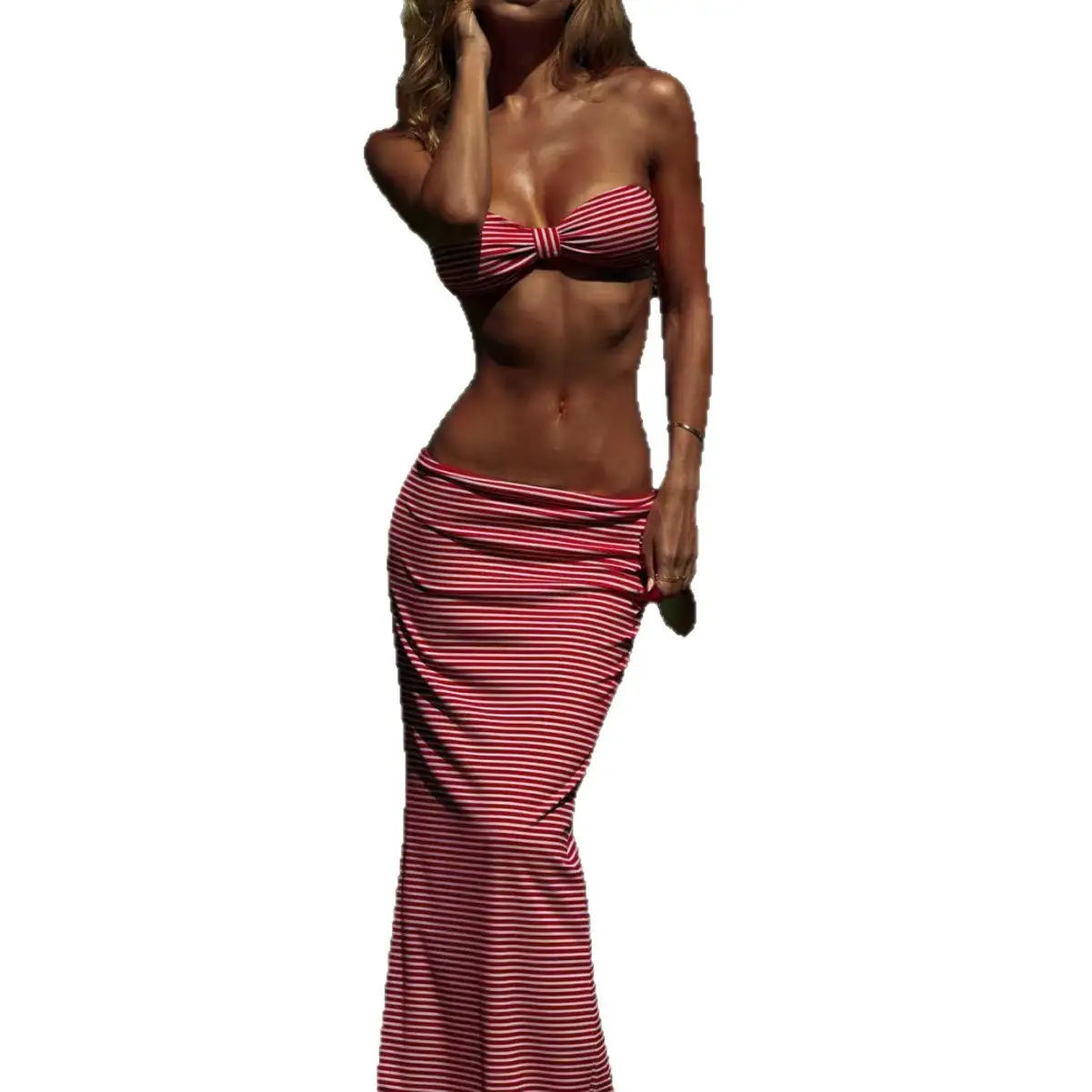 Striped Swimsuit Mermaid Skirt Womens Printed Tube Top