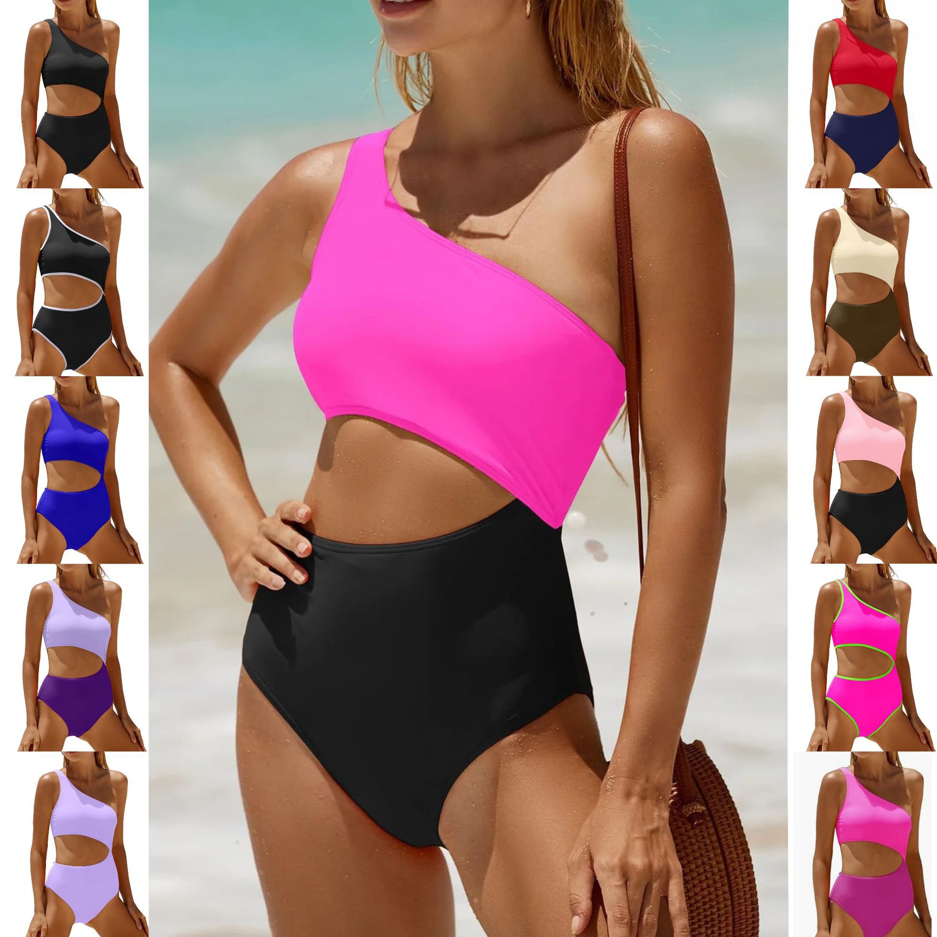 European And American-style One-shoulder Hollow-out Sexy High-waist Swimsuit