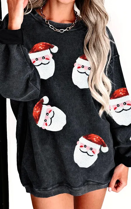 Round Neck Santa Claus Floral Print Long Sleeve Pullover Black - Shop at LoveMi