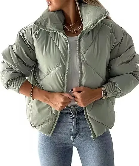 Women's Long Sleeve Zipper Winter Quilted Short Cotton Jacket Women's Bread Azure Xl - Shop at LoveMi