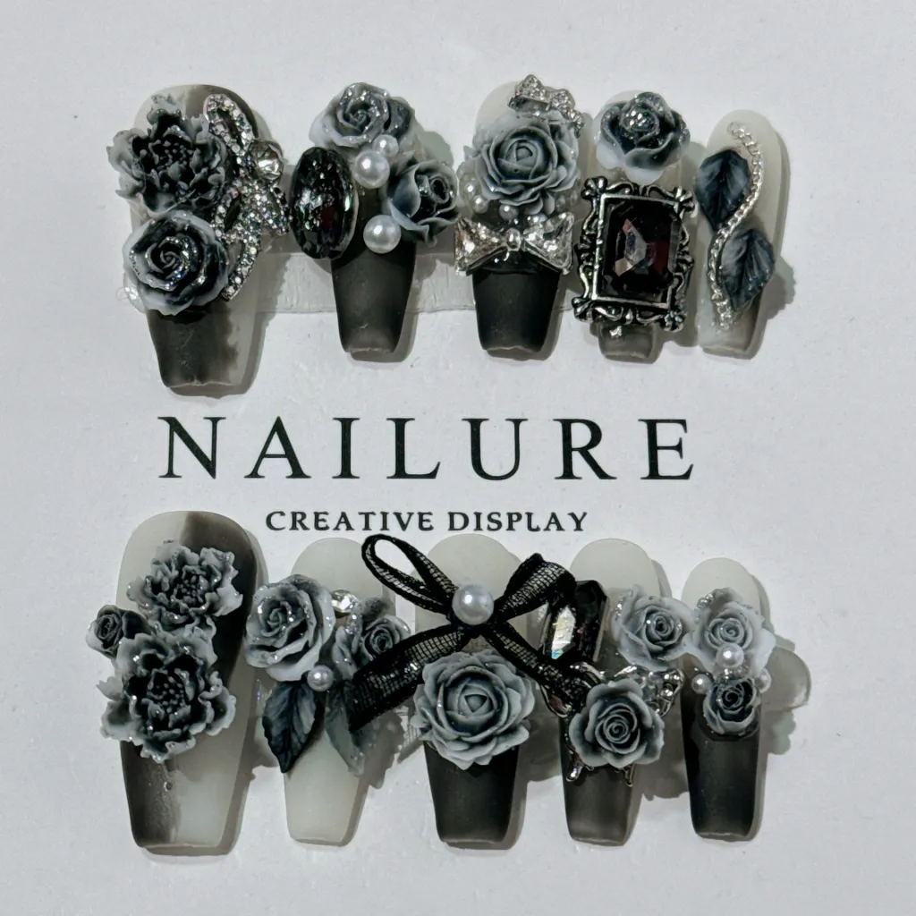 High-grade Carved Black And Rose Red Jiangnan Ink And Wash Style Internet Celebrity Wear Nail - Jiangnan Flower Random