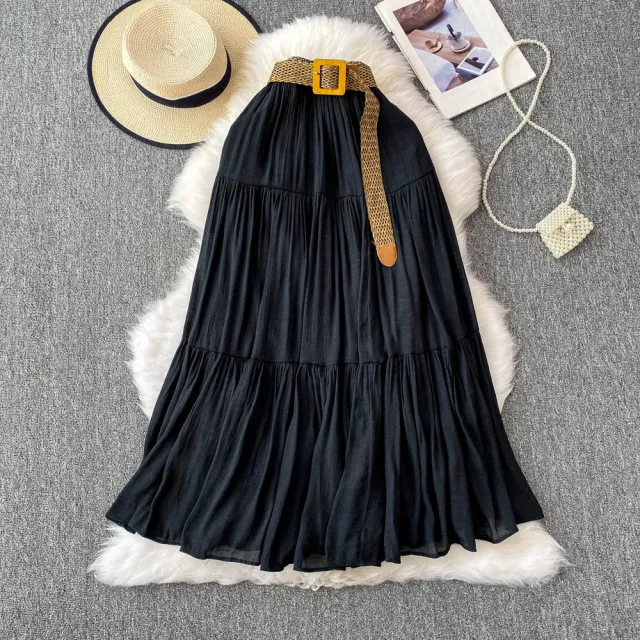 Mid length Casual High Waist Slimming Large Hem Puffy Cake Dress Black - Shop at LoveMi