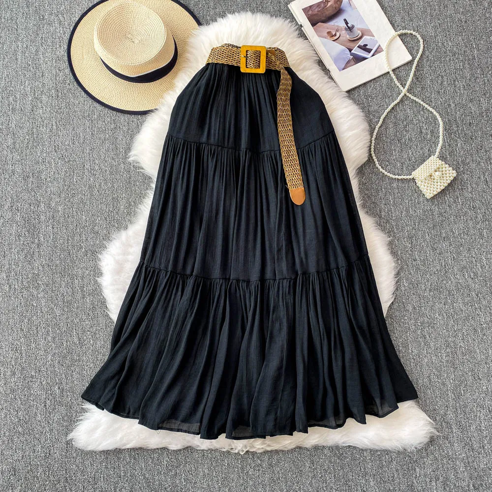 Mid-length Casual High Waist Slimming Large Hem Puffy Cake Dress - Black