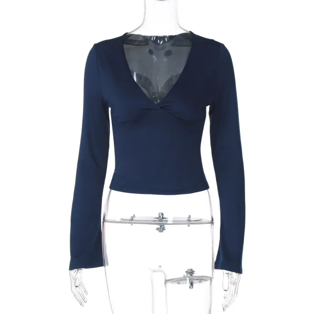 Sexy Deep V Midriff baring Top Slim Fit All matching Sweater Blue - Shop at LoveMi