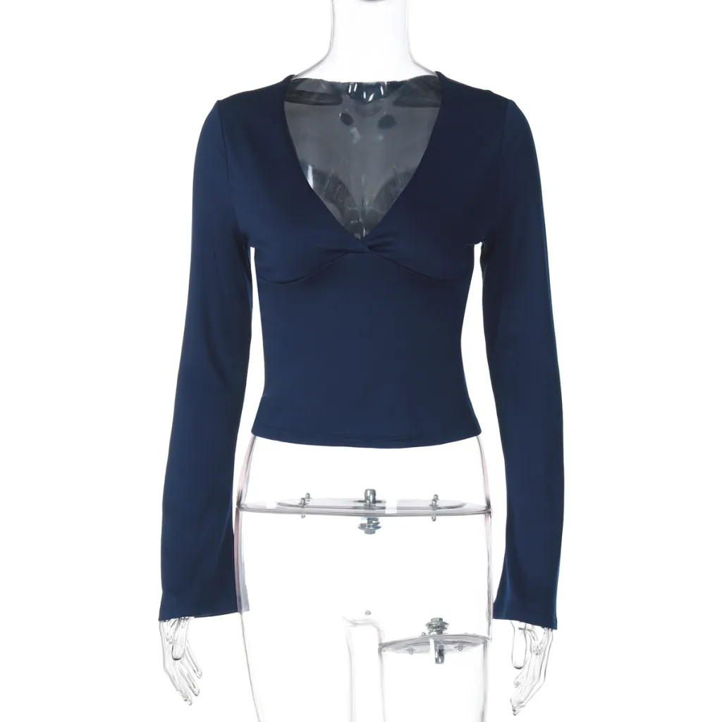 Sexy Deep V Midriff-baring Top Slim Fit All-matching Sweater - Blue