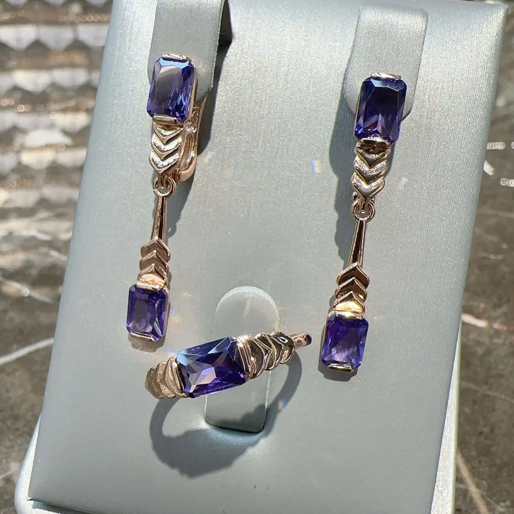 Rose Gold Earring Ring Amethyst Jewelry Suit