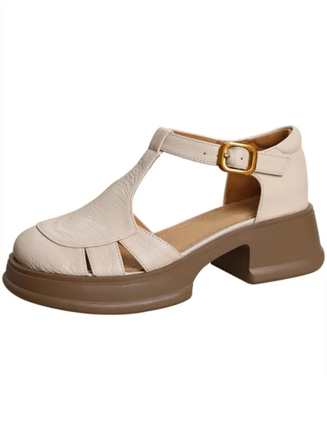 All match Retro Small Chunky Heel Platform Ankle strap High Heels Beige - Shop at LoveMi