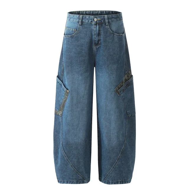 Vintage Leopard Print Patchwork Large Workwear With Pocket Jeans Blue - Shop at LoveMi