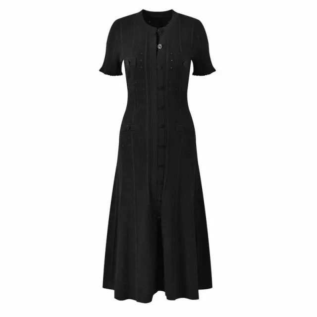 French Style Temperament Ladies Short Sleeve Wooden Ear Hollow Thread Single breasted Knitted Dress Black - Shop at LoveMi