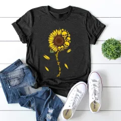 European And American Women's Clothing Loose Round Neck Chrysanthemum Short Sleeve Cotton T-shirt Women - Black - View 1