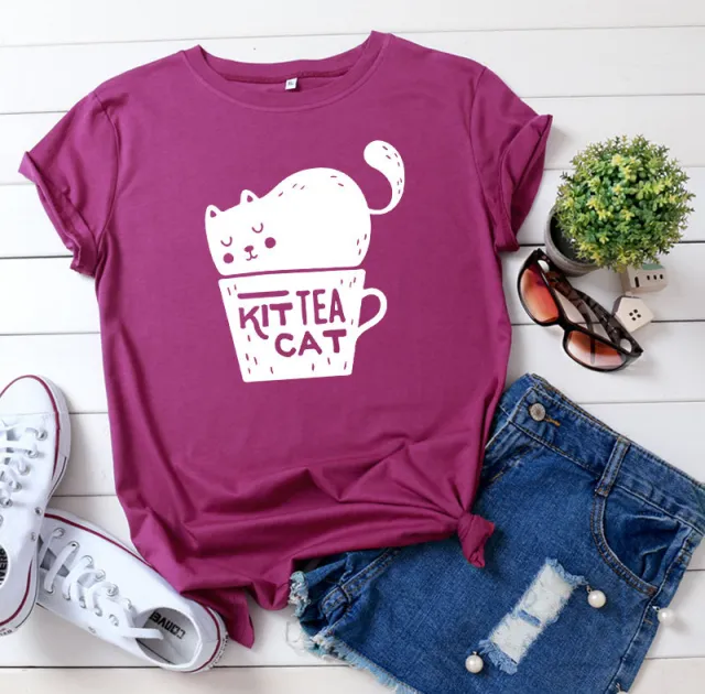 Casual KIT TEA CAT Printed Round Neck Plus Size Short Sleeve Red - Shop at LoveMi