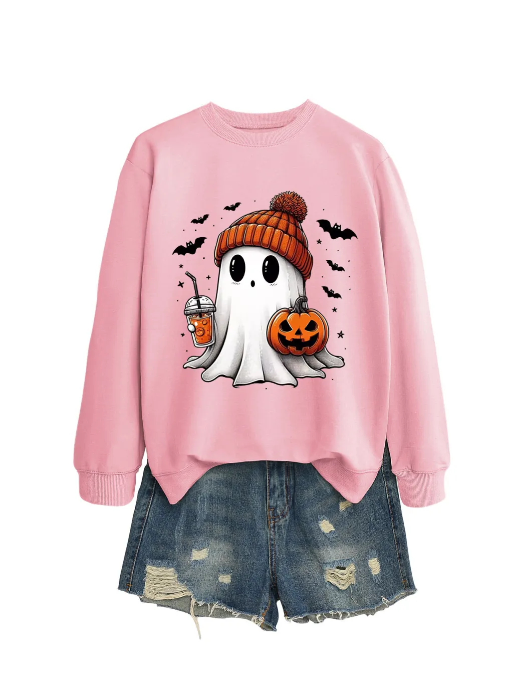 Fashion Long Sleeve Milk Tea Pumpkin Bat Printed Crew Neck Sweatshirt - Pink