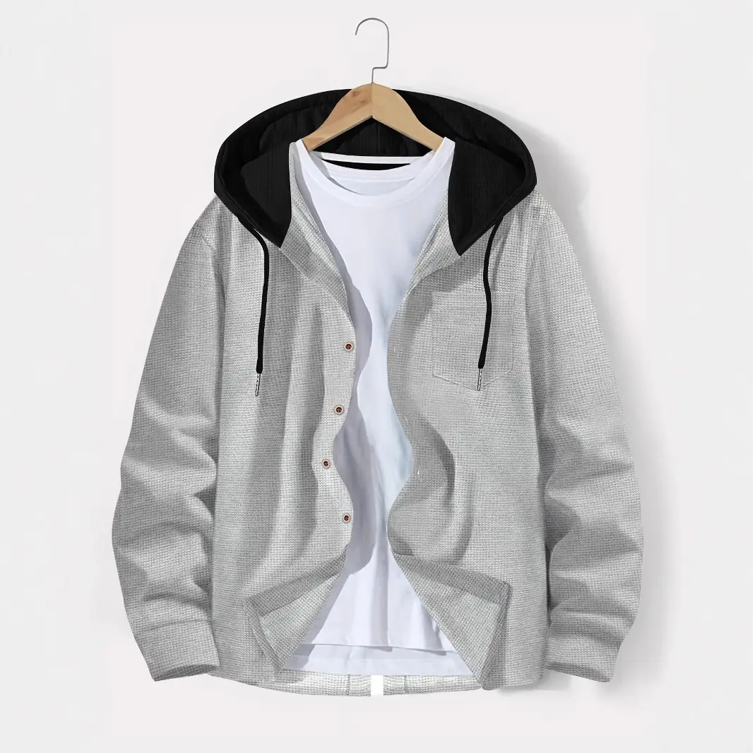 Men's Waffle-Weave Colorblock Button-Front Hooded Casual Cardigan Coat