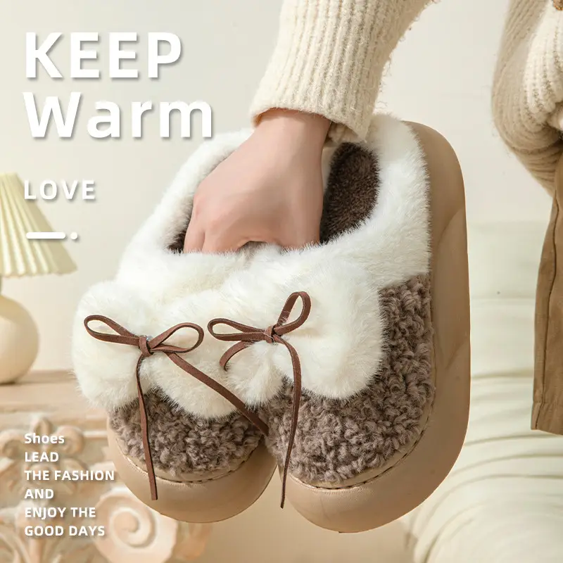 Plush Platform Bow Slippers for Women — Gray, 36or37