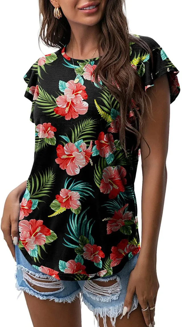 Women's Round Neck Printed Ruffled Short Sleeve T shirt Figure 8 S - Shop at LoveMi