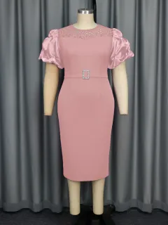 Water Soluble Lace Short Sleeve Satin Stitching Sleeves High Waist Slit Party Dress Skirt - Pink - View 1