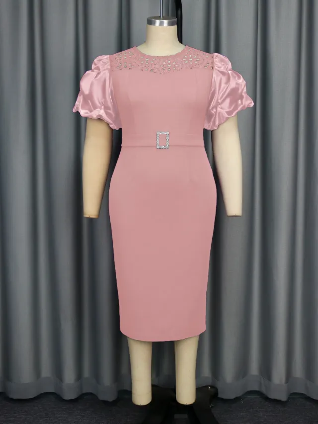 Water Soluble Lace Short Sleeve Satin Stitching Sleeves High Waist Slit Party Dress Skirt Pink - Shop at LoveMi