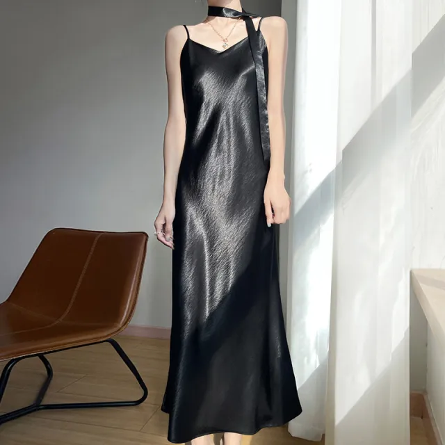V neck Camisole Dress Women Sexy Sleeveless Solid Color Inner Wear Black - Shop at LoveMi