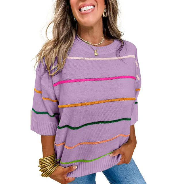 Color Contrast Patchwork Round Neck Sweater P708Color - Shop at LoveMi